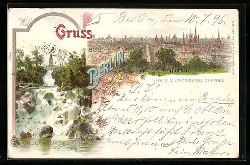 Lithographie Berlin, Wasserfall im Victoria Park, Ortsansicht von Kreuzberg aus