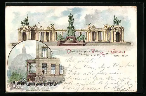 Lithographie Berlin, Denkmal Kaiser Wilhelm I., Historisches Eckfenster