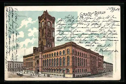 Lithographie Berlin, Blick zum Rathaus, Königstrasse