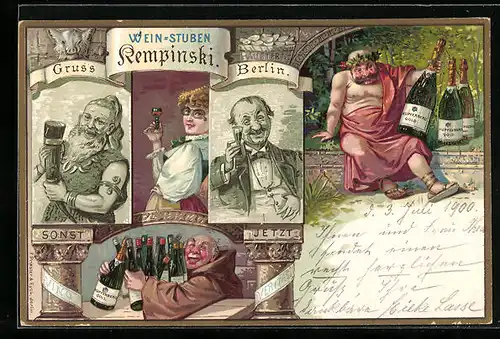 Lithographie Berlin, Restaurant Kempinski, Männer trinken aus verschiedenen Gefässen