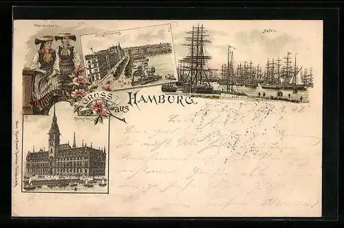 Lithographie Hamburg, Vierländerin, Jungfernstieg, Hafen, Rathaus