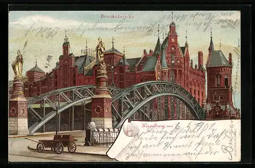 Lithographie Hamburg, Brooksbrücke mit Speicherkontor