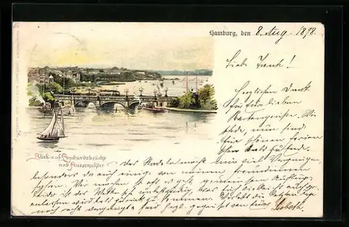 Lithographie Hamburg-Neustadt, Lombardsbrücke und Aussenalster