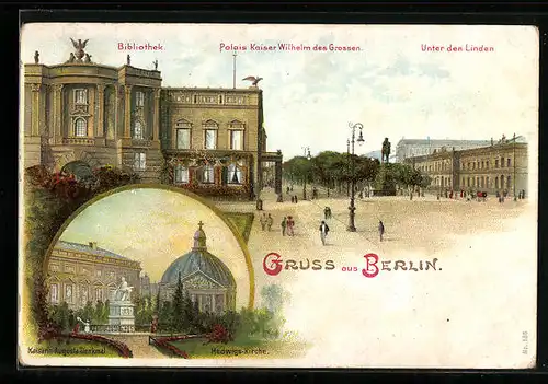 Lithographie Berlin, Bibliothek, Palais, Unter den Linden, Hedwigskirche