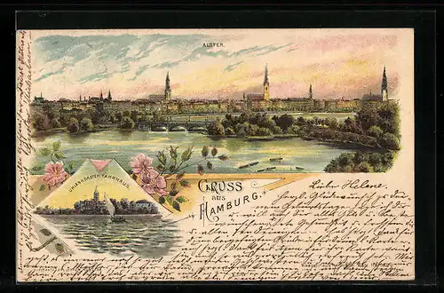 Lithographie Hamburg, Totalansicht mit Alster und Uhlenhorster Fährhaus