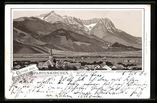 Vorläufer-Lithographie Partenkirchen, 1894, Teilansicht mit Zugspitze