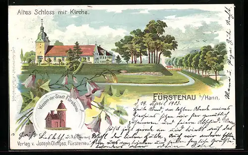 Lithographie Fürstenau i. Hann, Altes Schloss mit Kirche, Stadtwappen