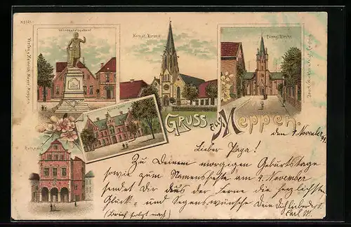 Lithographie Meppen, Rathaus, Gymnasium, Katholische Kirche