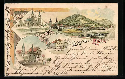 Lithographie Zeil, Gasthaus, Kirche, Denkmal