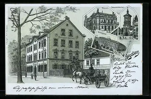 Lithographie Augsburg, Gasthaus Oswald Garten, Justizpalast, Theater