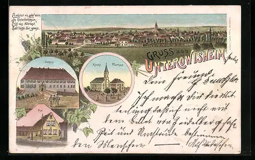 Lithographie Unteröwisheim, Schloss, Kirche und Pfarrhaus, Post