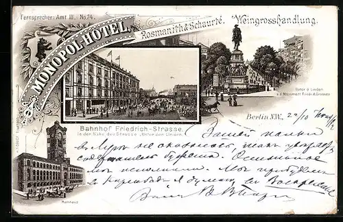 Vorläufer-Lithographie Berlin, 1892, Monopol-Hotel & Rosmanith & Schaurté Weingrosshandlung am Bahnhof Friedrich-Strasse