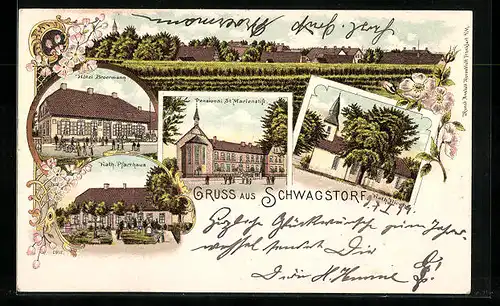 Lithographie Schwagstorf, Hotel Broermann, Pensionat St. Marienstift, Katholische Kirche