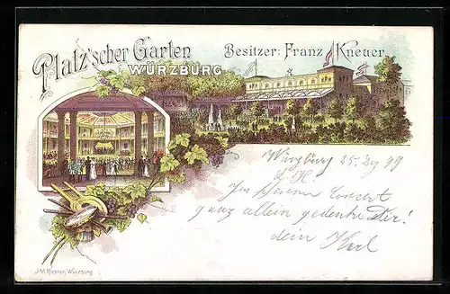 Lithographie Würzburg, Gasthaus Platz`scher Garten von Franz Kneuer, Innenansicht