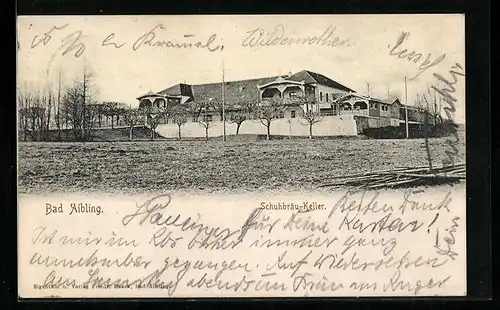 AK Bad Aibling, Gasthaus Schuhbräu-Keller, Gebäudeansicht von einem Feld aus