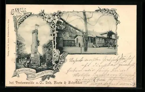 Passepartout-AK Freienwalde a. O., Bismarckturm, Gasthof Schweizerhaus Reetz & Schröder, Gebäudeansicht