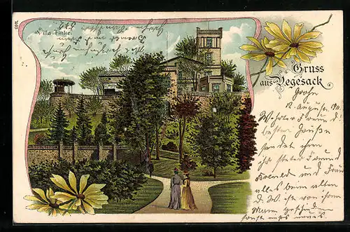 Passepartout-Lithographie Vegesack, Villa Finke mit Parkanlagen und Spaziergängerinnen