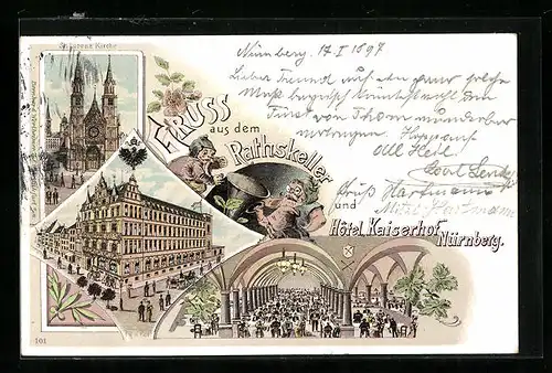 Lithographie Nürnberg, Kirche St. Lorenz, Hotel Kaiserhof und Gasthaus Rathskeller