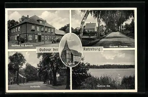 AK Gudow bei Ratzeburg, Büchener Chaussee, Dorfstrasse, Gasthaus Ad. Schmidt