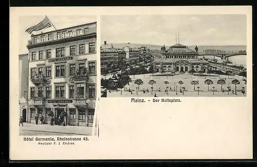 AK Mainz, Halleplatz aus der Vogelschau, Hotel Germania F. J. Endres 43 in der Rheinstrasse 43