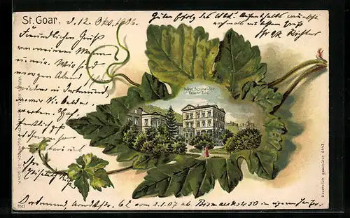 Passepartout-Lithographie St. Goar, Hotel Schneider / Feucht Eck mit Anlagen im Weinblatt