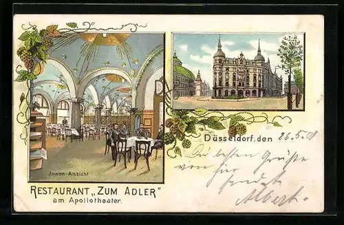 Lithographie Düsseldorf, Restaurant zum Adler am Apollotheater, Strassen- und Innenansicht