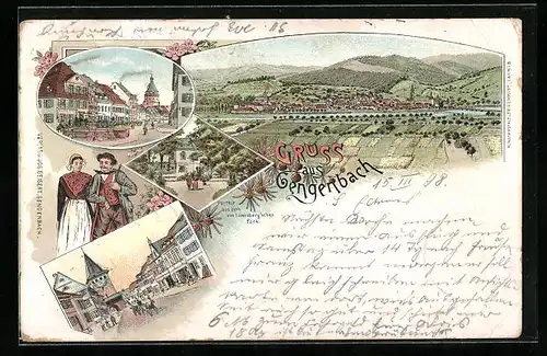 Lithographie Gengenbach, Gesamtansicht, Strassenpartien, Löwenbergscher Park