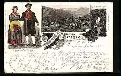 Lithographie Oppenau, Ortsansicht, Ruine Allerheiligen, Schwarzwälder Trachten