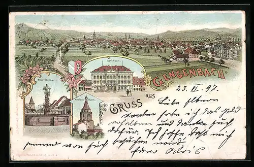 Lithographie Gengenbach, Ortspanorama, Rathaus, Marktbrunnen