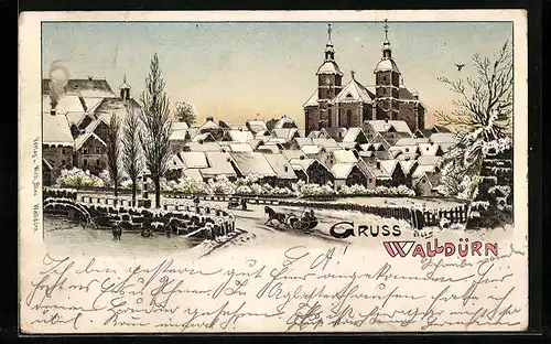 Winter-Lithographie Walldürn, Ortsansicht mit Kirche hinter Strasse, mit Brücke und Pferdeschlitten