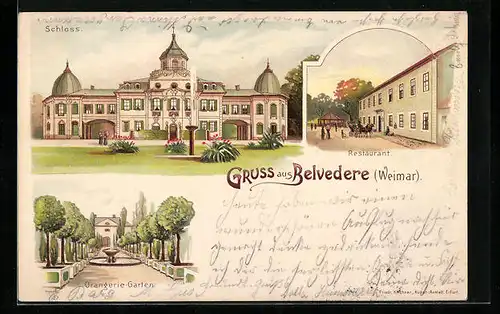 Lithographie Weimar, Schloss, Orangerie-Garten, Restaurant Belvedere
