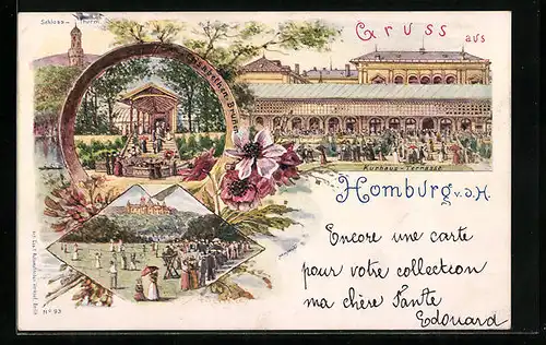Künstler-AK Homburg v. d. H., Kurhaus-Terrasse, Elisabethen-Brunnen, Schloss-Thurm