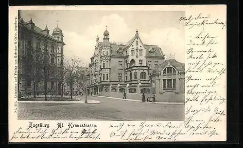 AK Augsburg, Heilige Kreuzstrasse mit Pavillon-Gebäude