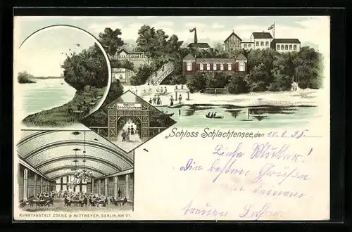 Lithographie Berlin-Zehlendorf, Restaurant Schloss Schlachtensee, Innenansicht, Uferpartie
