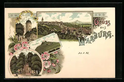 Lithographie Warburg, Ortsansicht, Sackturm, Krieger-Denkmal