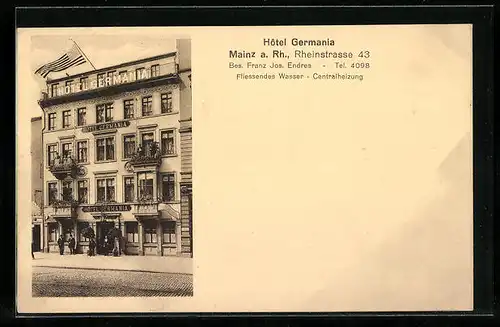 AK Mainz a. Rh., Hotel Germania, Bes.: Franz Jos. Endres, Rheinstrasse 43