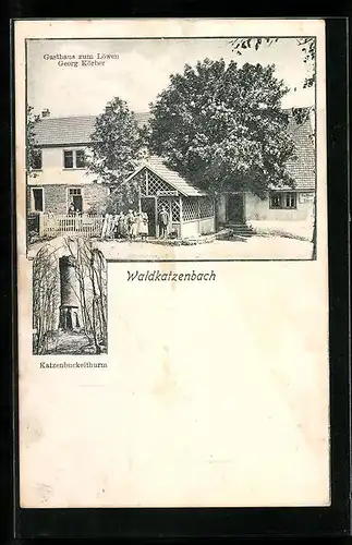 AK Waldkatzenbach, Gasthaus zum Löwen, Inh.: Georg Körber, Katzenbuckelturm