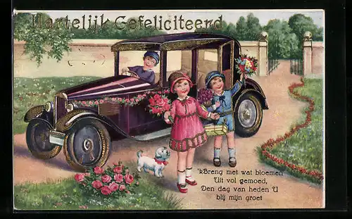 Präge-AK Kinder mit Blumen am geschmückten Auto