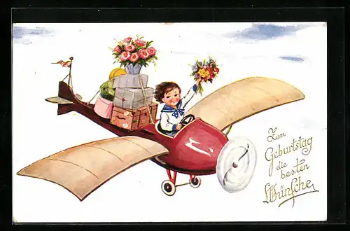 Künstler-AK Bub im Flugzeug mit Geschenken