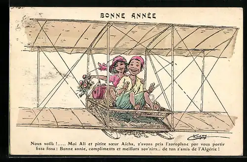 Künstler-AK Paar sitzt im Flugzeug