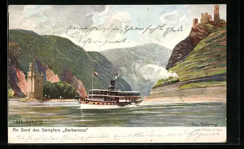 Künstler-AK Rheindampfer Barbarossa am Mäuseturm
