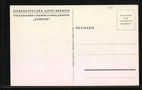 Künstler-AK Norddeutscher Lloyd Bremen, der Doppelschrauben-Turbinen-Schnelldampfer Europa