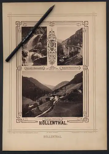 Fotografie G. Roebcke, Freiburg, Ansicht Höllenthal, Eisenbahnviaduct Ravennaschlucht, Wasserfall, Sternen Höllsteig