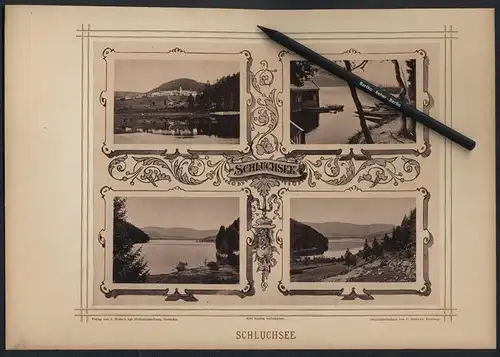 Fotografie G. Roebcke, Freiburg, Ansicht Schluchsee, Blick auf den Ort, Bootsanlegestelle, Seepartie