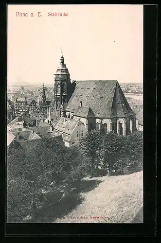 AK Pirna a. E., Ansicht der Stadtkirche aus der Vogelschau