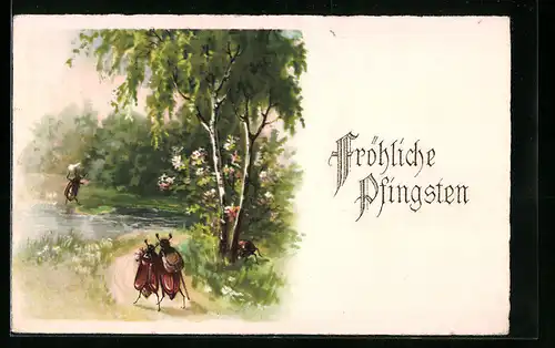 AK Maikäferpaar trifft einen Bekannten beim Spaziergang, Pfingstgruss