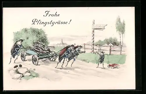 AK Maikäfer ziehen einen Wagen mit geschlagenen Birken, Pfingstgruss