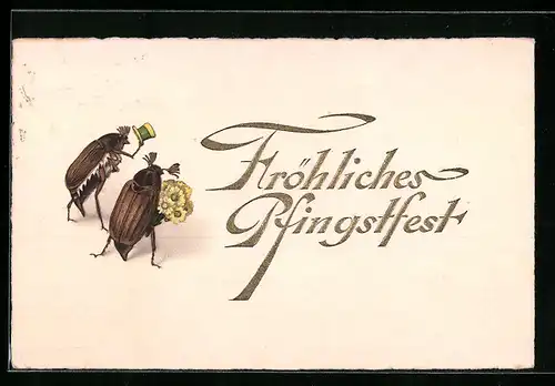 Präge-AK Maikäferpaar mit Zylinder und Blumenstrauss, Pfingstgruss