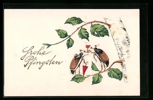Präge-AK Maikäferpaar mit Schirm und Weinglas, Pfingstgruss