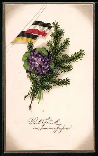 AK Fahnen des Zweibundes mit Tannenzweig und Blumen